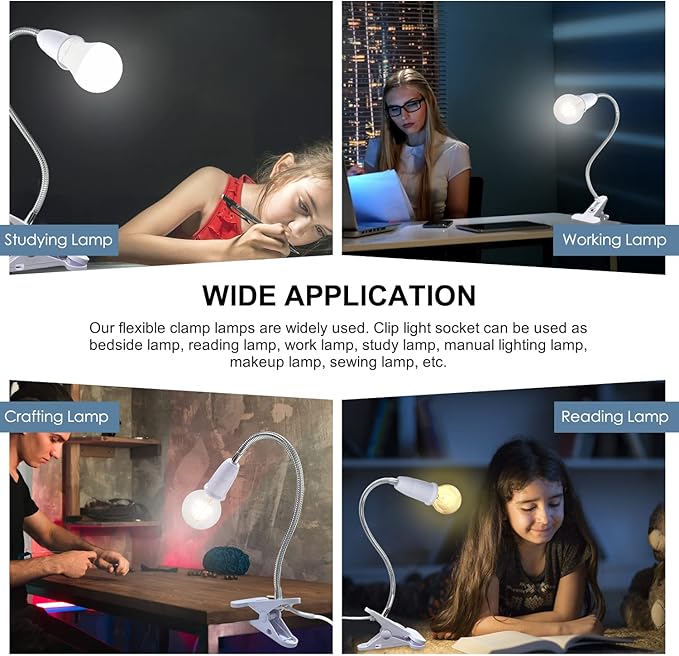Flexible Aluminum Neck Clip Lamp Holder, 360Adjustable Socket, E26/E27 Clamp Light Fixture with 220 CM Switch and Plug Cable, Desk Lamp Holder for Study Work Read, No Bulb
