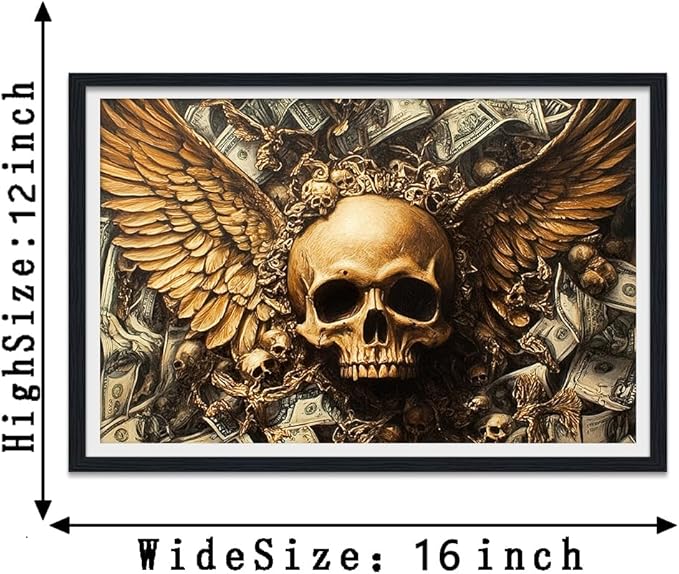 Dollar Wall Art Skull Wings Money Posters Wall Decor Dark Gothic Mysticism Style Canvas Print Artwork for Office Living Room Decor Ready to Hang 12X16inch
