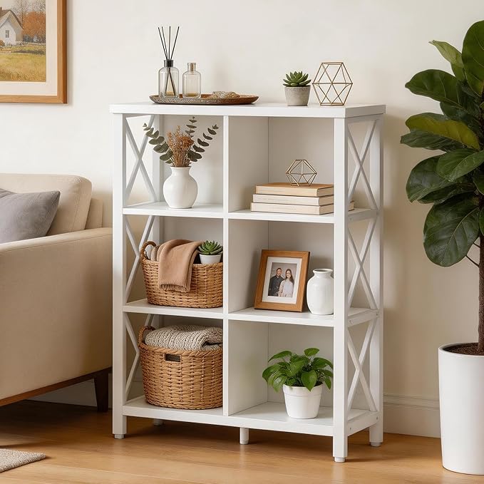 FATORRI 6 Cube Storage Organizer Shelf, Wood and Metal Cubby Bookshelf, Modern Cube Book Shelf (White Oak)