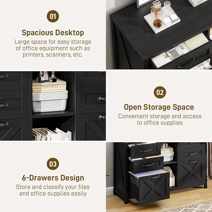 Farmhouse Lateral Filing Cabinet, Lateral File Cabinet with 6 Drawers and Adjustable Shelf, Large Printer Stand with 2 File Drawers for Letter/A4 Size Hanging Files for Home Office, Rustic Black