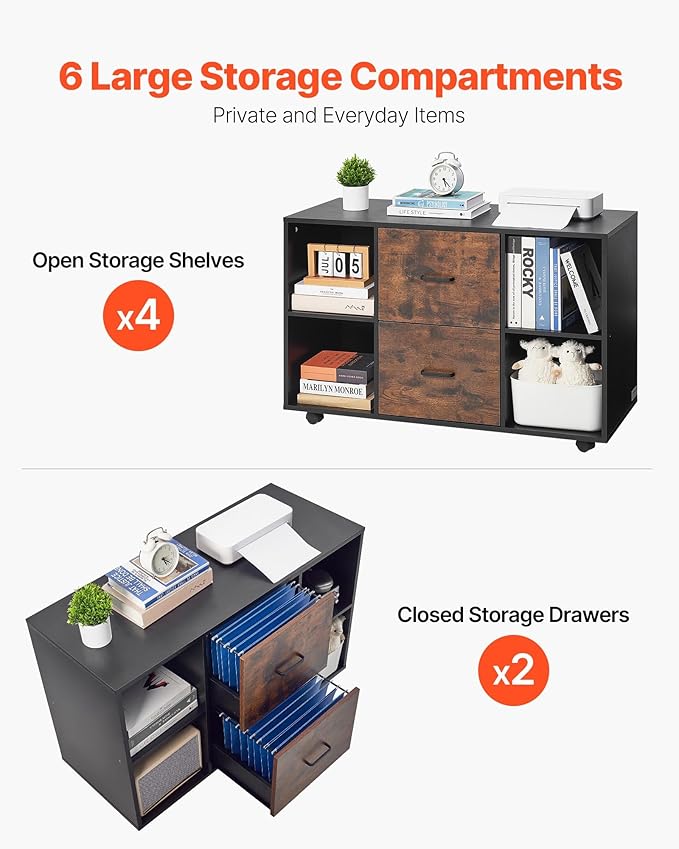 VEVOR 2 Drawer Wooden File Cabinet, Mobile Filing Cabinet with Open Shelves, Lateral Rolling File Storage with Lockable Wheels, Modern Free Standing Printer Stand for Home, Office, School, Black