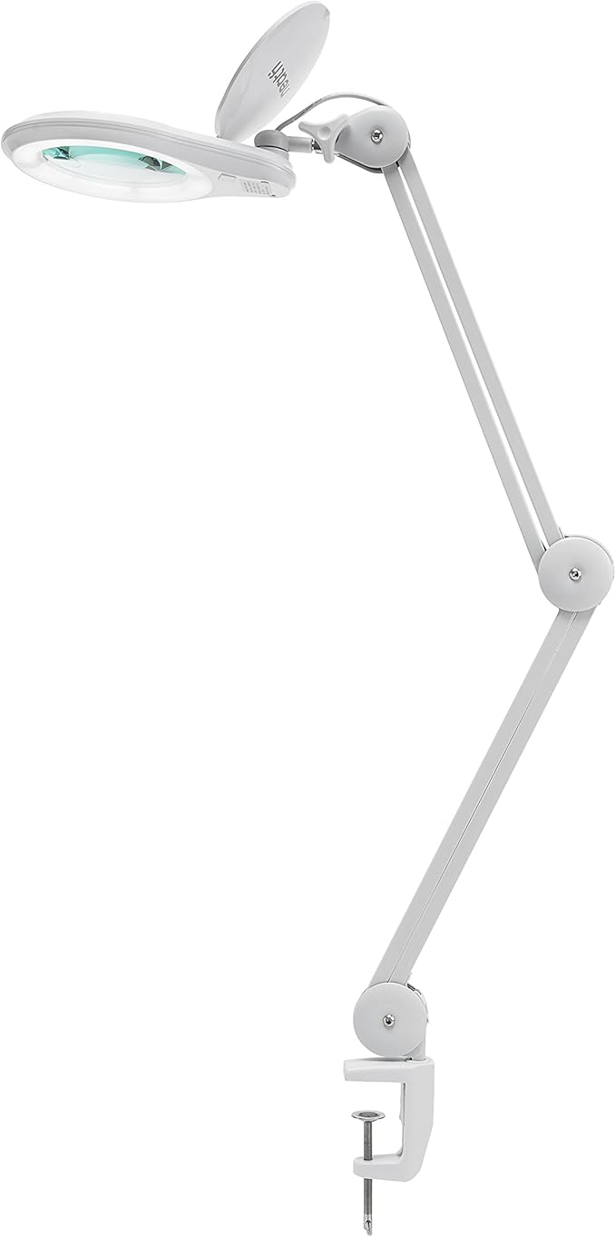 Neatfi LED Magnifying Lamp 1,200 Lumens with Clamp – 5” 5-Diopter Glass Lens, Dimmable Task Light | Adjustable Arm | Reading, Sewing & Crafting (White, 5 Diopter)