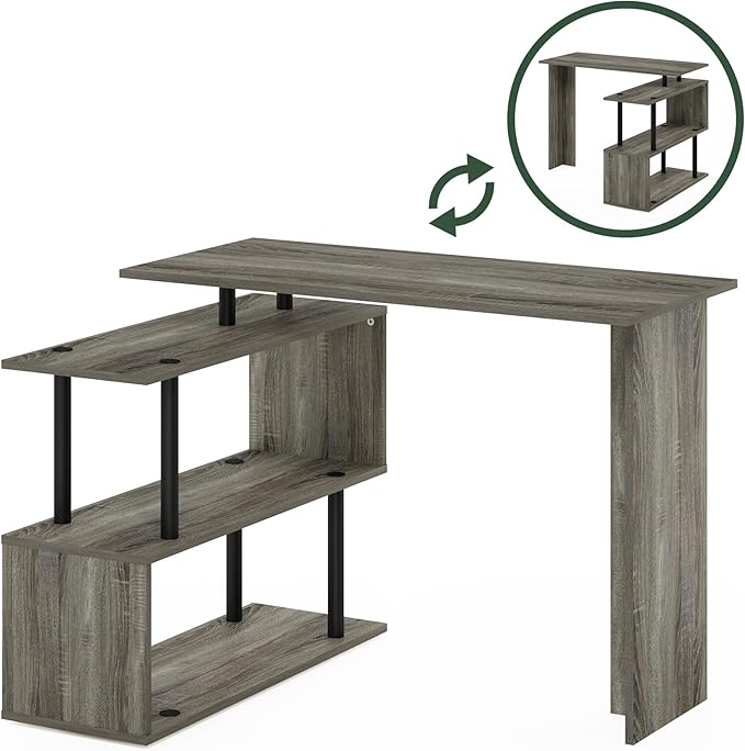Furinno Moore L-Shape Computer Desk with 3-Tier Shelves, French Oak