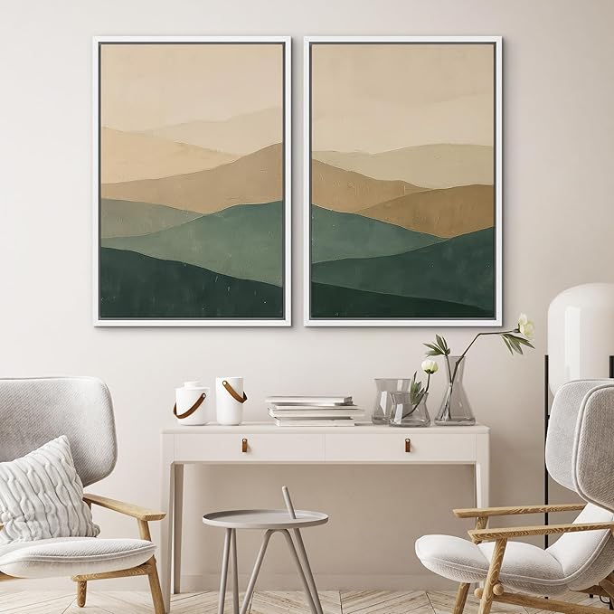 SIGNWIN Framed Canvas Print Wall Art Set Green and Beige Abstract Mountain Landscape Illustrations Modern Art Minimal Boho Relax/Calm for Living Room, Bedroom, Office - 16"x24"x2 White