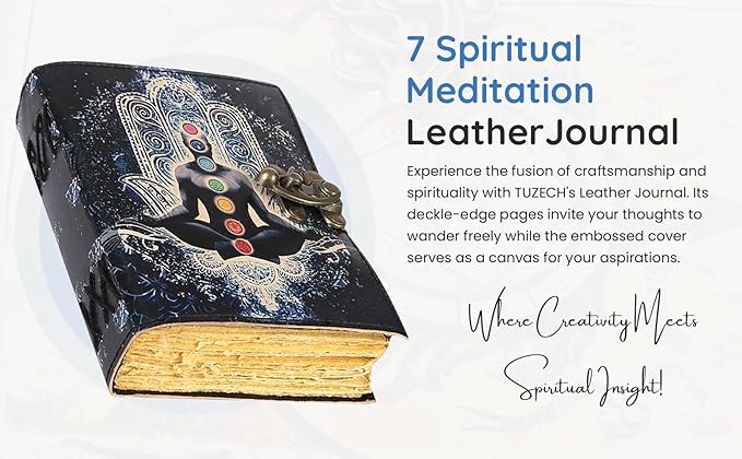 TUZECH Book of Spells Leather Bound Journal Deckle Edge Paper Grimoire Printed Diary Third Eye witchcraft supply and Witch Spell Notebook Antique Vintage Book for Men & Women (7 Spiritual Meditation)