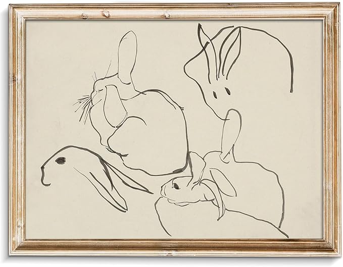 uniro Abstract Easter Bunnies Wall Art Decor, Animal Rabbit Drawing Etching Rustic Picture, Vintage Farmhouse Decor Bunny Sketch Drawing, Minimalist Mid Century Country Room Decor (8" x 10"-UNFRAMED)