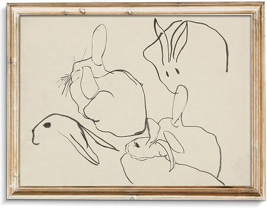 uniro Abstract Easter Bunnies Wall Art Decor, Animal Rabbit Drawing Etching Rustic Picture, Vintage Farmhouse Decor Bunny Sketch Drawing, Minimalist Mid Century Country Room Decor (8" x 10"-UNFRAMED)