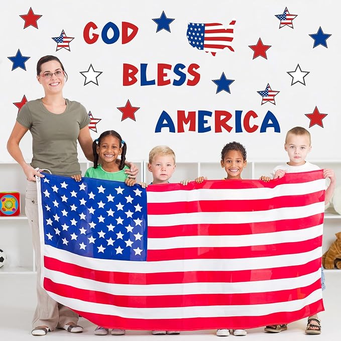 Whaline 60Pcs 4th of July Bulletin Board Decorations God Bless America Patriotic Star USA Map Cut-Outs Red White Blue Classroom Trim Border with Glue Point for Independence Day School Decor