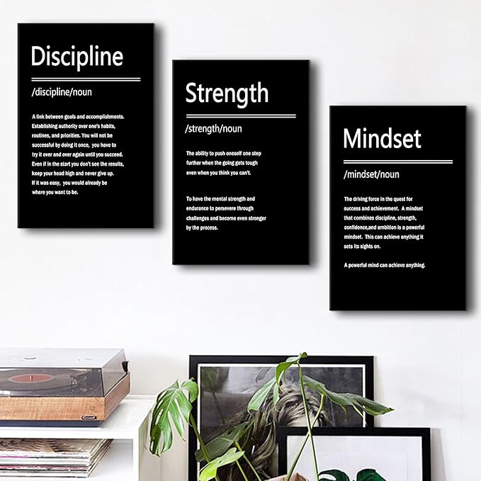 Motivational Poster Strength Discipline Mindset Inspirational Wall Art 3 Pieces Canvas Print Office Wall Decor Inspiring Affirmation Quotes for Living Room Gym Stretched and Framed [48''Wx 24''H]