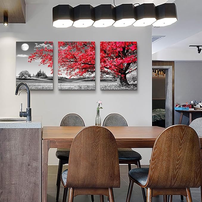 canvas wall art for living room family bedroom Wall Decor Black and white red tree moon landscape painting Ready to Hang for room Decorations Works office Decor Prints pictures 12" x 16"3 Pieces