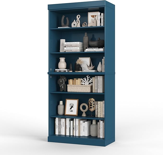 Palace Imports Solid Wood Bookcase - Tall 6-Tier Stackable Modular Bookshelf - 71.5" x 32” W - Teal Blue, Open Display Shelf for Living Room & Office Renewable 100% Eco-Friendly Wood, Made in Brazil