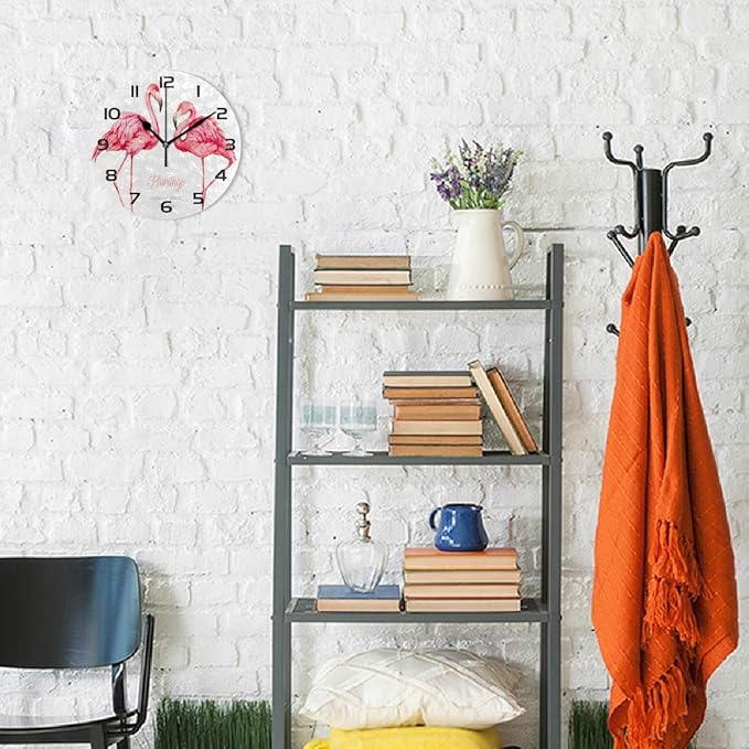 Qilmy Flamingo Wall Clock Non Ticking Silent Art Decorative Round Clock for Living Room Kitchen Bedroom Office School
