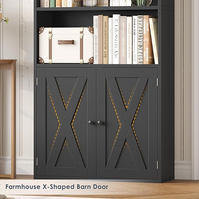 FACBOTALL 82" Tall Bookcase and Book Shelf, 24" Wide Bookshelf with Doors, 7 Tier Bookcase with Storage and Adjustable Shelf, Open and Display Farmhouse Bookshelf for Living Room, Home Office, Black
