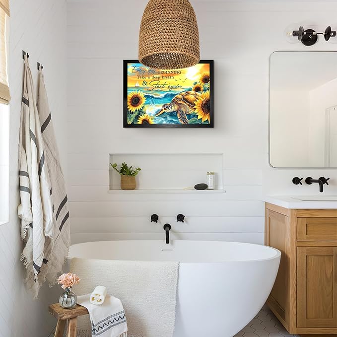 Sea Turtle Bathroom Decor Wall Art Black Framed Beach Blue Ocean Inspirational Quotes Pictures Wall Decor Canvas Painting Prints Artwork Home Decorations for Living Room Office Turtle Gifts 12"x16"