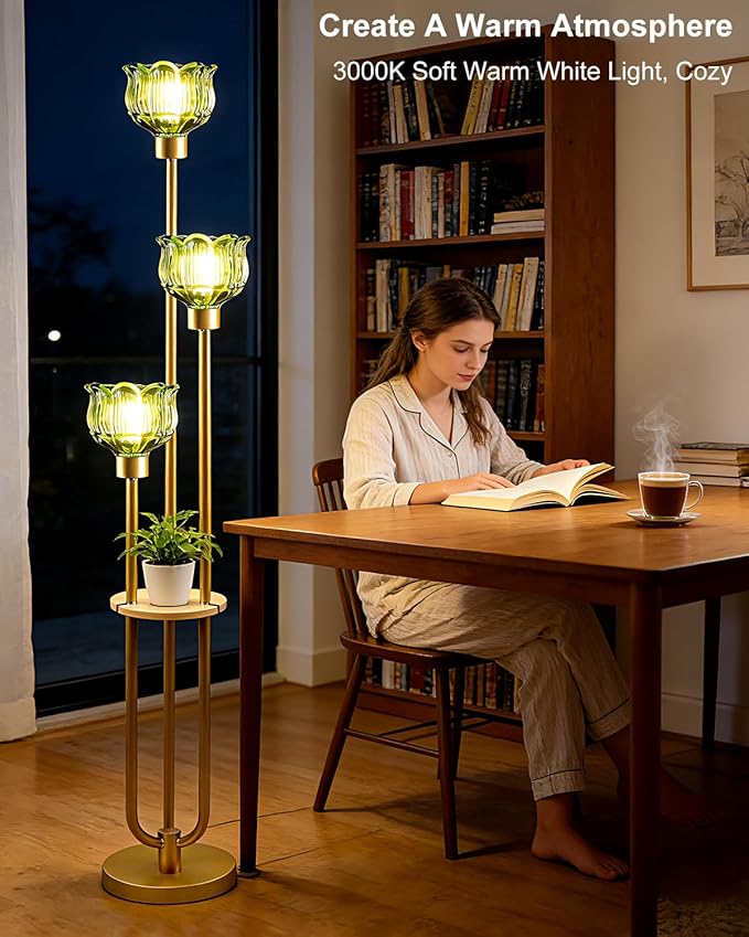 Lightdot Glass Floor Lamp for Living Room 3-Lights Modern Dimmable Gold Floor Lamp with Green Glass Shade & 3000K Bulbs Included Unique Tall Standing Lamp for Bedroom/Sofa Beside/Corner Decor