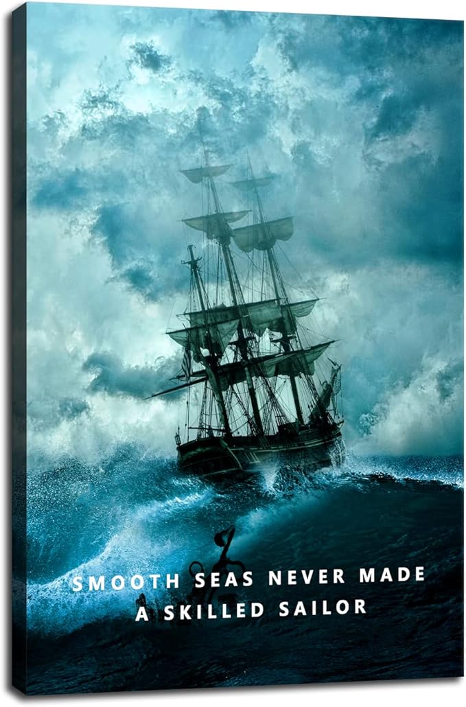 Inspirational Canvas Wall Art Smooth Seas Never Made A Skilled Sailor Motivational Poster Entrepreneur Quote Picture Home Office Decor Painting Framed and Stretched Ready to Hang [12''W x 18''H]