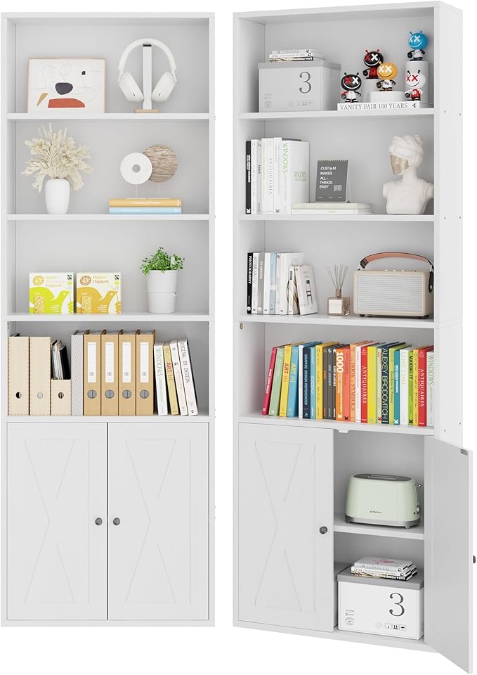 Vongrasig 6-Tier Open Bookcase and Bookshelf with Doors, Floor Standing Farmhouse Display Storage Shelves 71 Inch Wood Tall Bookcase for Home Office, Living Room, Bed Room, White, 2 Pieces