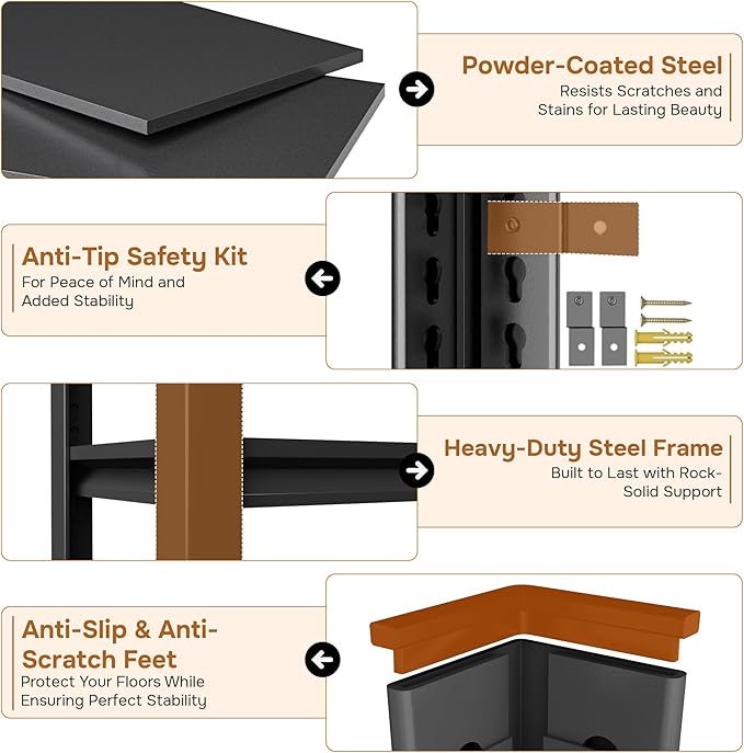 Tall 5 Tier Bookshelf - Heavy Duty Metal Bookcase, Adjustable Industrial Design - Wide Storage for Living Room/Library/Study, Black