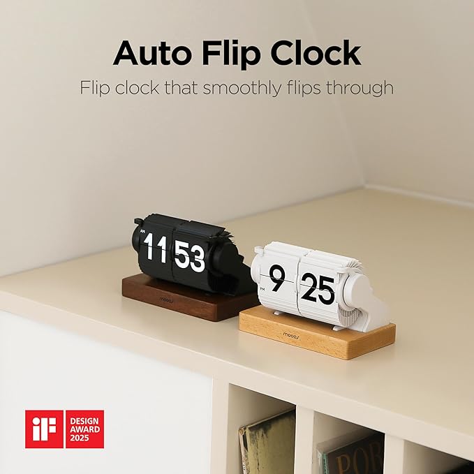 mooas Automatic Mini Flip Clock, Retro Vintage Automatic Flip Desk Clock, Timer Calendar Alarm, Snooze, Desk Clock Large Number USB-C Rechargeable, Ideal for Home Office School Hotel Café (White)