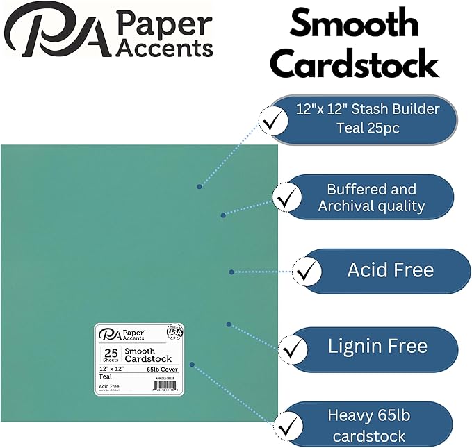 PA Paper Accents Smooth Cardstock 12" x 12" Teal, 65lb colored cardstock paper for card making, scrapbooking, printing, quilling and crafts, 25 piece pack