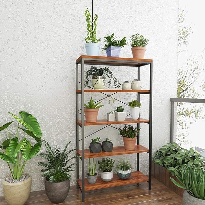 BATHWA Bookshelf, 5-Tier Industrial Bookshelves, Wood and Metal Bookcase, Free Standing Storage Vintage Bookshelf for Living Room, Bedroom and Home Office, Rustic Brown