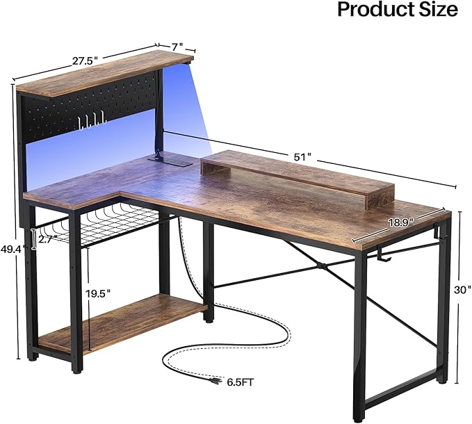 Homieasy Small Gaming Desk with Power Outlets Pegboard LED Light, 51 Inch L Shaped Computer Desk with Monitor Stand Storage Shelves, Reversible Corner Desk with Headset Hooks, Rustic Brown