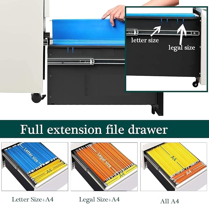 3 Drawer Mobile File Cabinet with Lock, Under Desk Metal Filing Cabinet for Legal/Letter/A4 File, Fully Assembled Except Wheels (White)