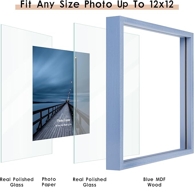 MUYE 12x12 Floating Frame Set of 2,Double Real Glass Square Photo Frame,Display Any Size Photo up to 12x12,Wall Mount or Tabletop Standing,Blue