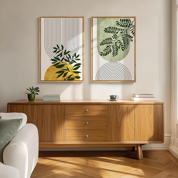 Framed Green Boho Wall Art Set of 2 for Living Room Decor, Bohemian Botanical Geometric Pictures Artwork for Walls, Modern Neutral Canvas Painting Print Wall Decor for Bedroom Home Office, 16x24 Inch