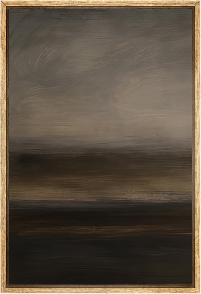 SIGNFORD Framed Canvas Print Wall Art Misty Dusk Abstract Soft Gray and Brown Layered Landscape Illustration Modern Art Decorative Chic Relax/Zen for Living Room, Bedroom, Office - 16"x24" Natural