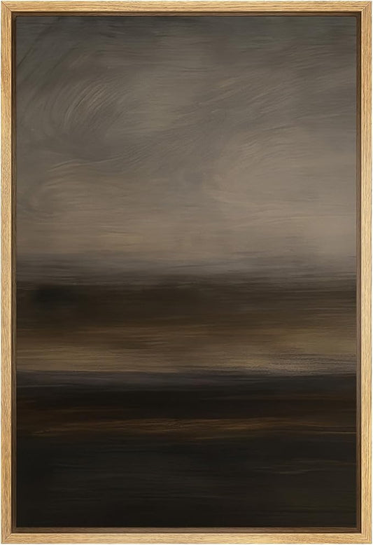 SIGNFORD Framed Canvas Print Wall Art Misty Dusk Abstract Soft Gray and Brown Layered Landscape Illustration Modern Art Decorative Chic Relax/Zen for Living Room, Bedroom, Office - 16"x24" Natural