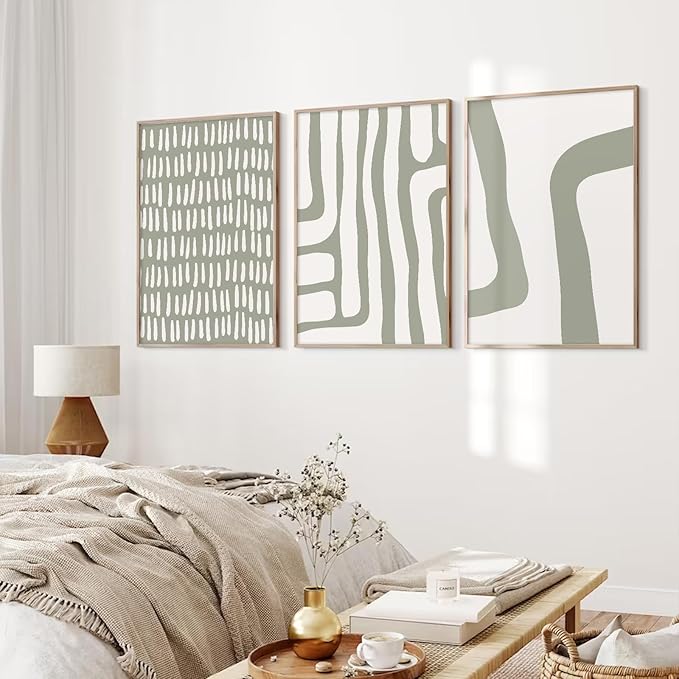 Minimalist Neutral Wall Art Decor Sage Green Boho Canvas Poster Abstract Modern Painting Wall Art Mid Century Beige Pictures Prints Gallery Line Wall Art for Bedroom 16x24 Inch Unframed Set of 3