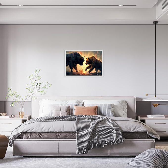 Trendy Bull And Bear Confrontation Wall Art Funny Bull And Bear Stock Market Canvas Posters Funny Animal Prints Painting For Office Living Room Wall Decor 24x36in Unframed