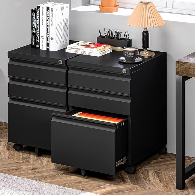 Yizosh 3 Drawer Mobile File Cabinet with Lock, Black Under Desk Rolling Filing Cabinet, Metal Locking File Cabinet on Wheels for Legal/Letter/A4 File (Required Assemble)