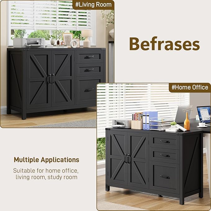 Farmhouse File Cabinet with Doors, Lateral Filing Cabinet with 3 Drawers for Letter/A4 Size Hanging Files, Large Wooden Storage Cabinet with Adjustable Shelves for Home Office, Black