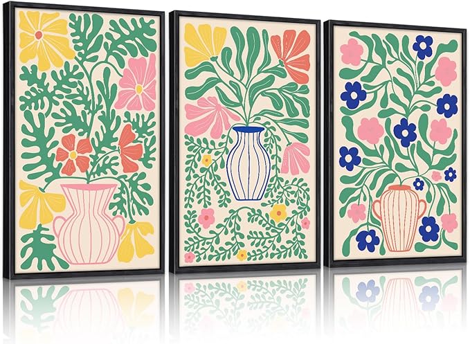 CHDITB Matisse Flowers Vase Framed Canvas Wall Art(24"x36"), 3 Panels Colorful Boho Florals Botanical Plants Artwork Printings, Large Scandinavian Gallery Decor Painting for Bedroom Dining Room Office