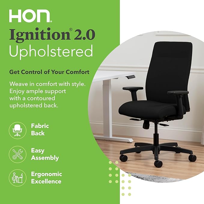 HON Ignition 2.0 Fabric Office Chair, Upholstered, Adjustable Arms, Standard Synchro-Tilt Recline Executive Ergonomic Office Chair, Black Frame, Black