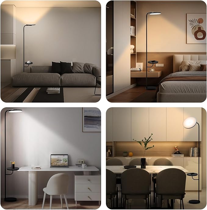 36W LED Floor Lamp with Table & Shelves, Minimalist Stepless Dimmable Torchiere with Dual Control (Remote & Touch), 350°Rotating Head Reading Floor Lamp for Living Room, Bedroom, Office