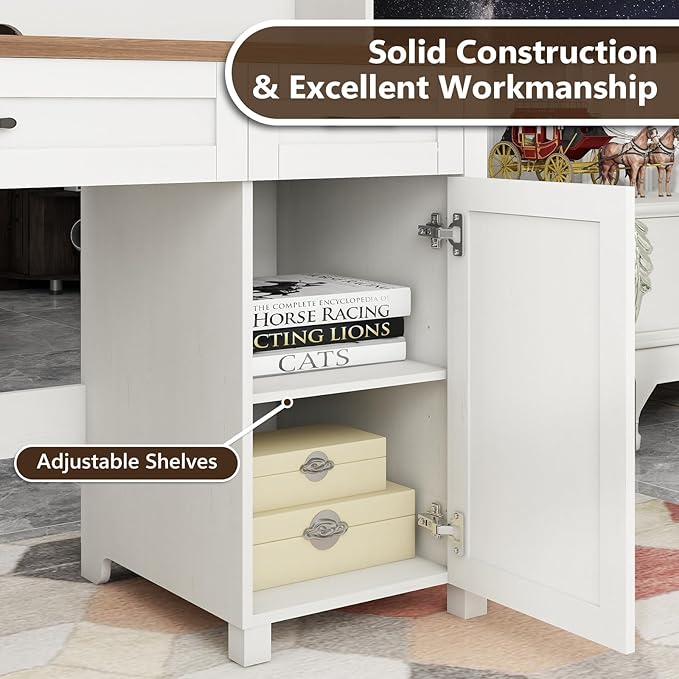 Farmhouse 47" Executive Desk, Computer Desk with 2 Drawers, LED Light and Storage Cabinet, Home Office Desk with Hutch, Charging Hub, Workstation for Home Office and Study,(Unique White