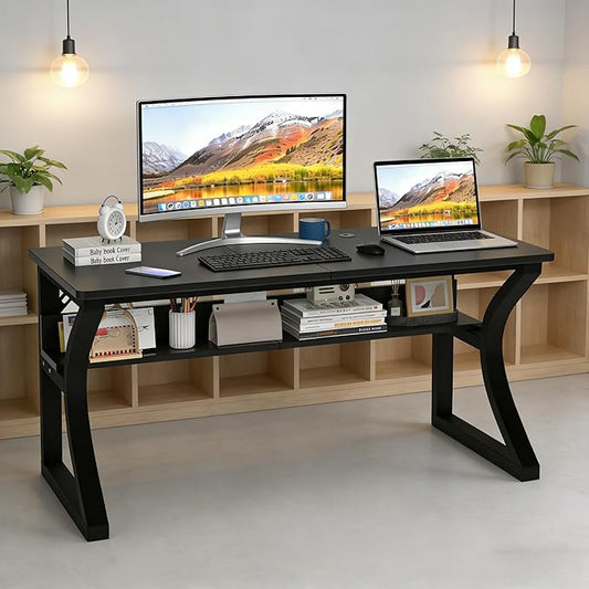 Computer Desk 55 x 23.6 Inch Home Office Desk, Large Modern Computer Desks with Storage Shelf, Metal Frame Work Study Writing Office Desk with Cable Hole, Wide Desk for PC & Monitors (Black, 55)