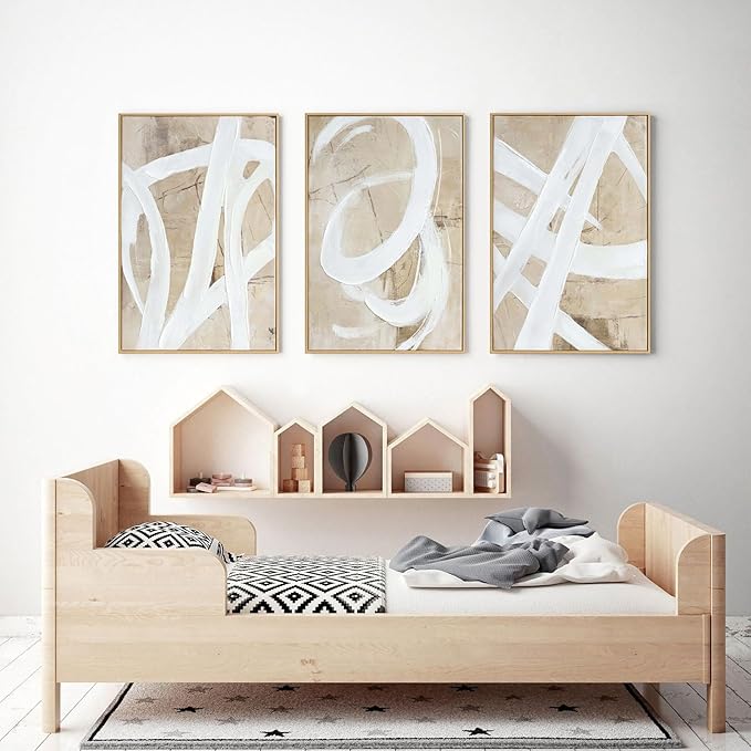 Zessonic Neutral Abstract Wall Art Minimalist White Brown Pastel Paint Strokes Shapes Textured Framed Wall Decor Artwork Canvas Paintings- Living Room Bedroom Office Modern Neutral 16"x24" 3 piece