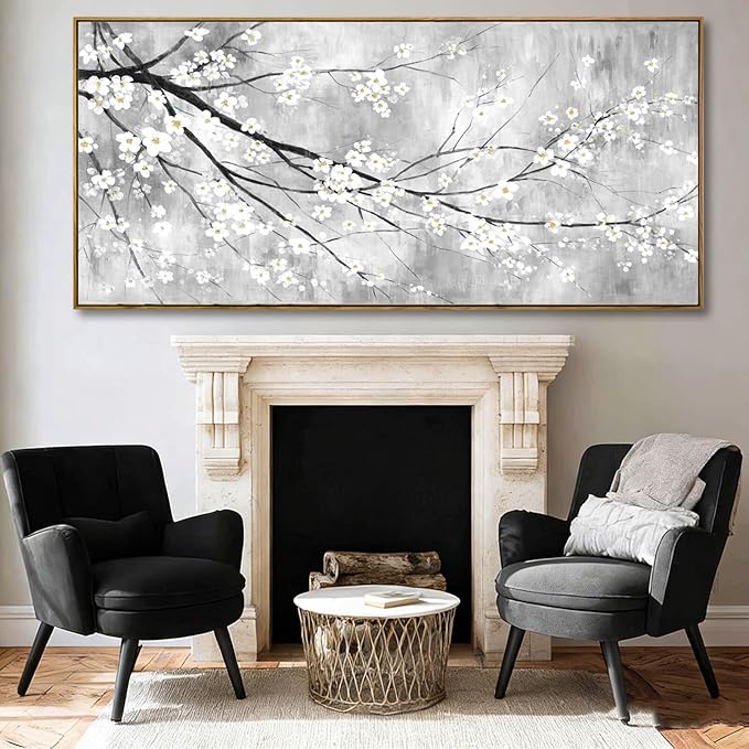Large White Black Gray and Gold Plum Blossom Canvas Wall Art Framed Modern Zen Nature Floral Posters for Bedroom Living Room Office Hallway Wall Decor 40x88 Inch