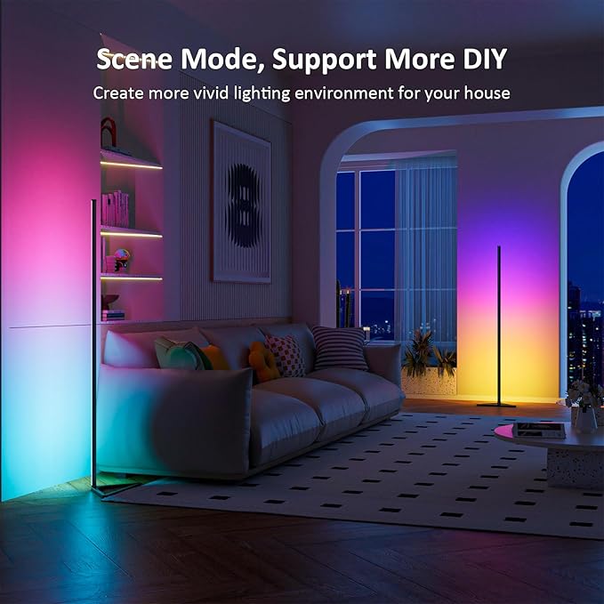 MIHEAL 2PCS Black Corner Floor Lamp, Synced Lights LED Control Floor Lamp RGB Light 56" Smart LED Corner Lamp App and Remote for Living Room Gaming Bedroom and Etc