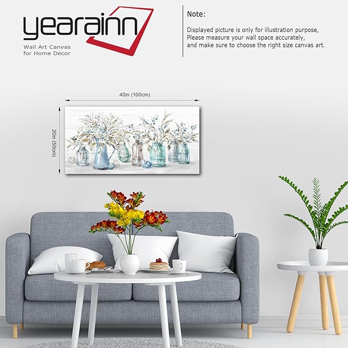 Yearainn Flowers Canvas Wall Art - Indigo Floral in Jar - Botanical Flower Bottle Canvas Artwork - 20" X 40" - Living Room, Bedroom, Office Wall Decor
