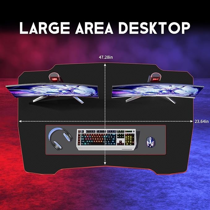 47 in Z-Shaped Home Computer Desk with Hook - Large Gaming Table for Work & Study, PC Gaming Workstation with Carbon Fiber Surface, Sturdy Metal Frame, Stable and Durable, Red