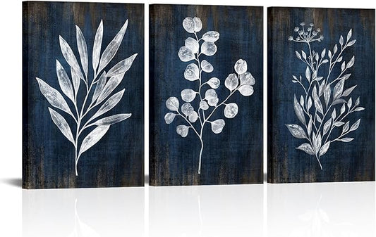 Conipit Navy Blue Botanical Painting Rustic Botanical Wall Art Canvas Abstract Blue White Leaf Plant Artwork Prints Framed For Living Room Bedroom Wall Decor 16''X24''X3pcs