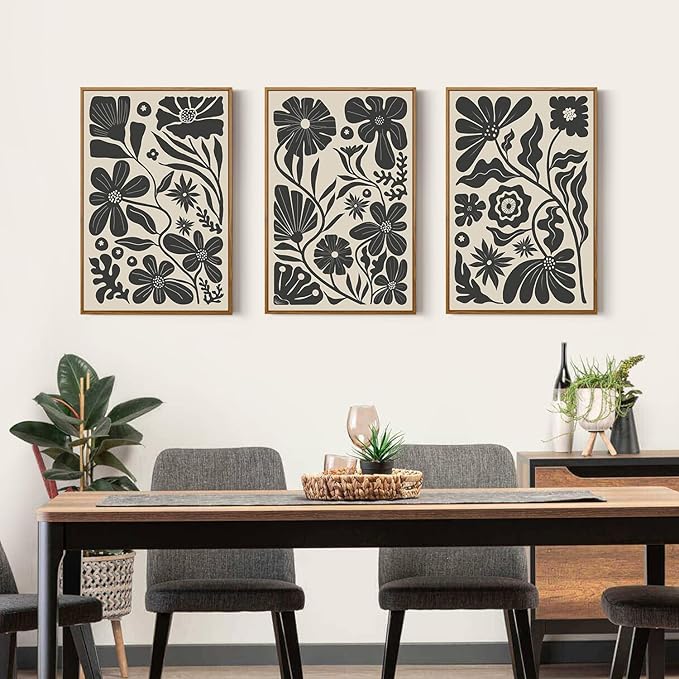 Ausril Black Floral Botanical Framed Canvas Wall Art Set, Abstract Floral Market Wall Decor, Modern Vintage Wall Painting, Boho Minimalist Art Print for Living Room Girl Room Office 16"x24"x3