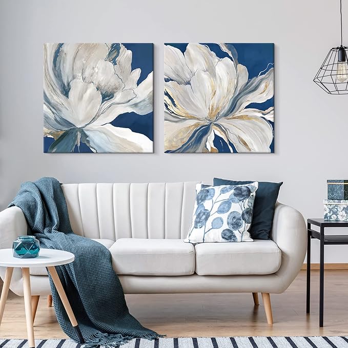 Goldfoilart Indigo Blue Flower Wall Art for Living Room White Floral Canvas Pictures Modern Paintings Framed Artwork Prints for Bedroom Dining Room Office Wall Decor 24"x24"x2pcs