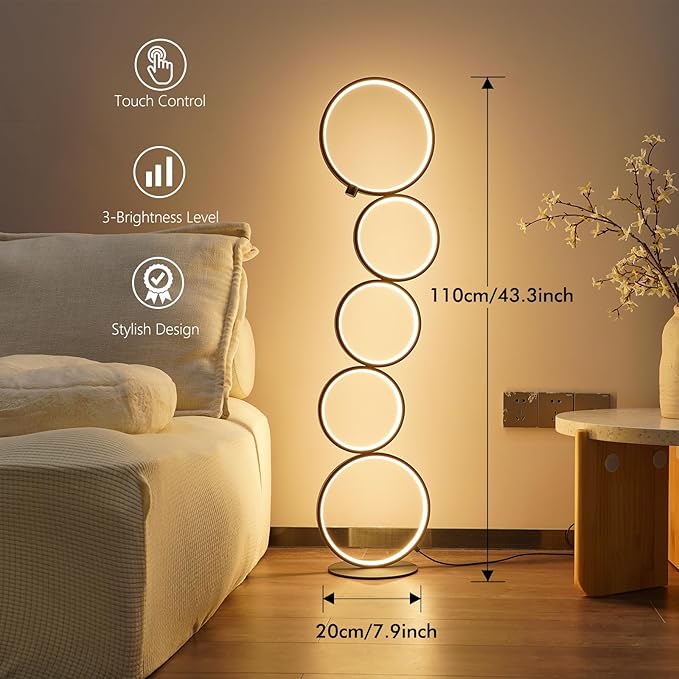 NUÜR 43.3" Modern Floor Lamp, Ring Standing Lamp, Dimmable, Metallic Feel, Artistic Trendy Design, Energy-Saving, Touch Switch, Ideal for Home, Office, Eco-Friendly