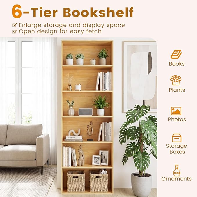 Tangkula 6-Tier Bookcase, 70” Tall Freestanding Bookshelf with 6 Open Shelves, Anti-Toppling Kits, Floor Display Storage Organizer for Living Room, Study, Kitchen, Home & Office (Burlywood, 70" H)